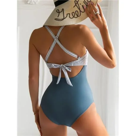 Women's Tummy Control Cutout High Waist Bathing Suit | Criss Cross Swimsuit - Picture 3 of 4